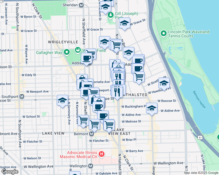 map of restaurants, bars, coffee shops, grocery stores, and more near 839 West Newport Avenue in Chicago