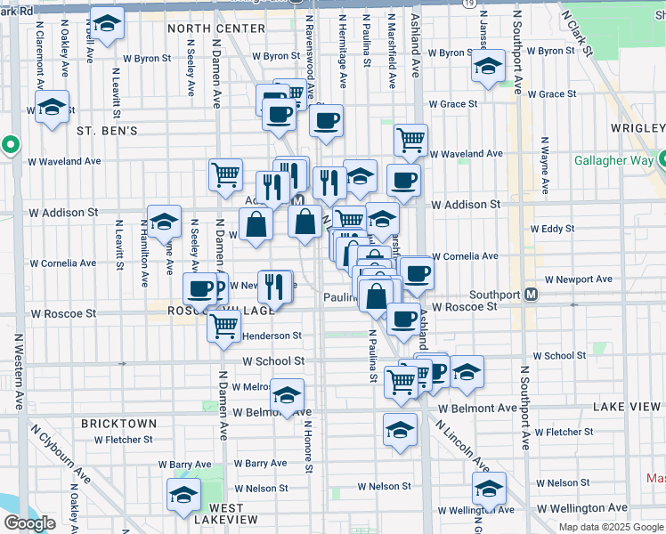 map of restaurants, bars, coffee shops, grocery stores, and more near 1756 West Newport Avenue in Chicago