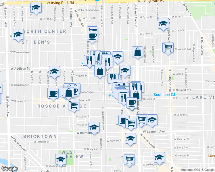 map of restaurants, bars, coffee shops, grocery stores, and more near 1756 West Newport Avenue in Chicago