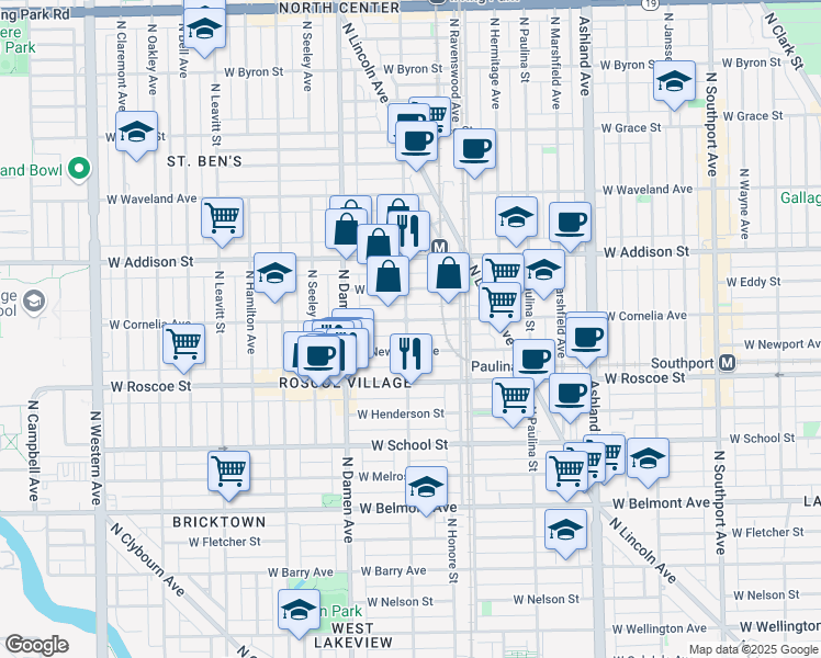 map of restaurants, bars, coffee shops, grocery stores, and more near 1908 West Newport Avenue in Chicago