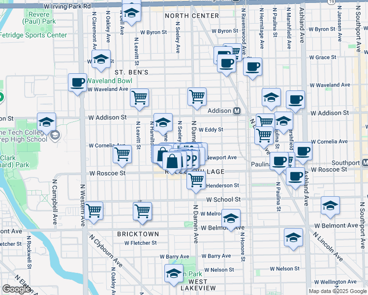 map of restaurants, bars, coffee shops, grocery stores, and more near 3443 North Seeley Avenue in Chicago