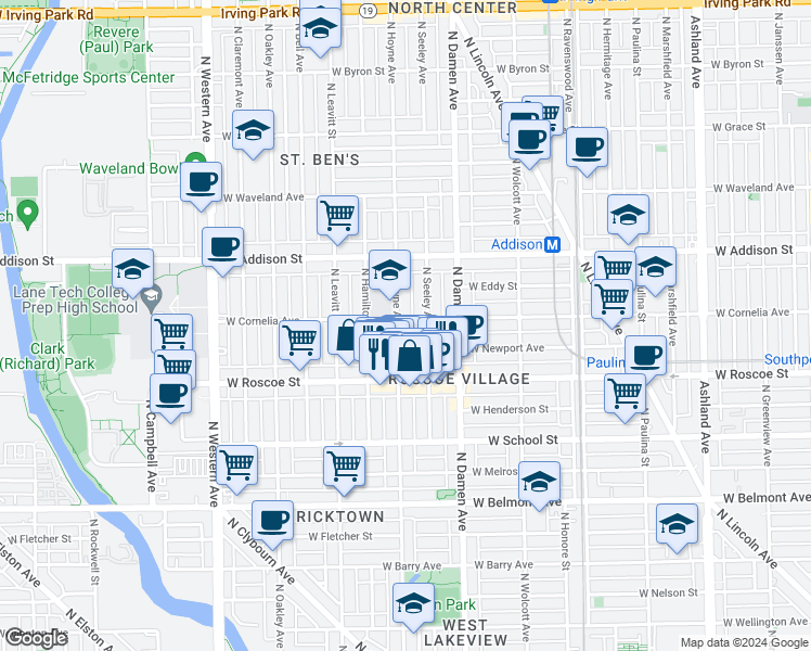 map of restaurants, bars, coffee shops, grocery stores, and more near 3442 North Hoyne Avenue in Chicago