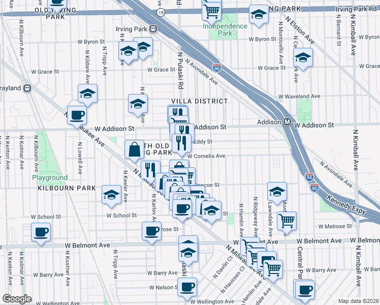 map of restaurants, bars, coffee shops, grocery stores, and more near 3921 West Cornelia Avenue in Chicago