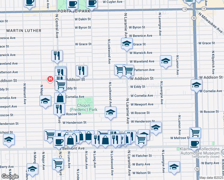 map of restaurants, bars, coffee shops, grocery stores, and more near 5252 West Cornelia Avenue in Chicago