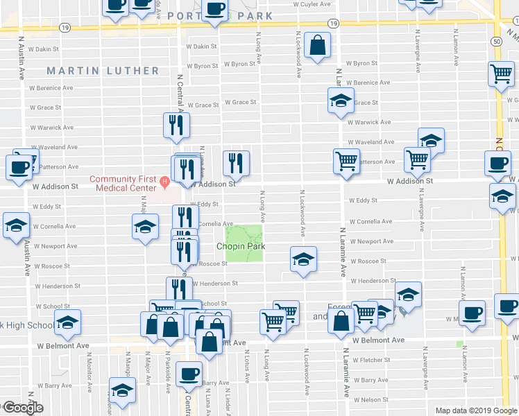map of restaurants, bars, coffee shops, grocery stores, and more near 3510 North Long Avenue in Chicago