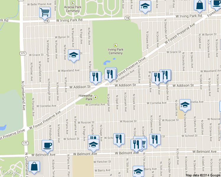 map of restaurants, bars, coffee shops, grocery stores, and more near 3545 West Cornelia Avenue in Chicago