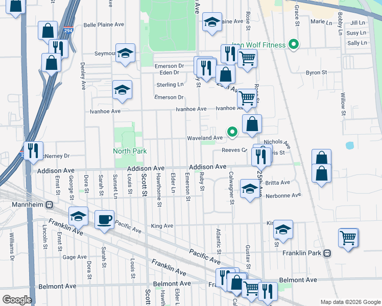 map of restaurants, bars, coffee shops, grocery stores, and more near 3615 Emerson Street in Franklin Park