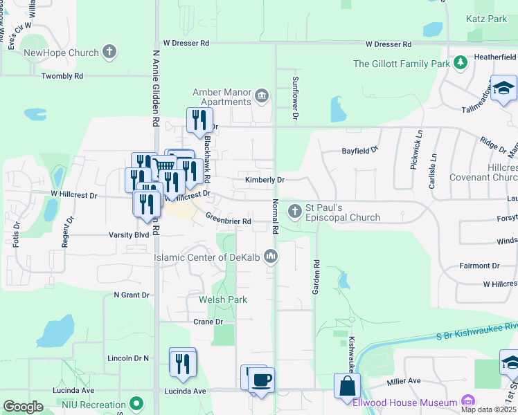 map of restaurants, bars, coffee shops, grocery stores, and more near 817 Greenbrier Road in DeKalb