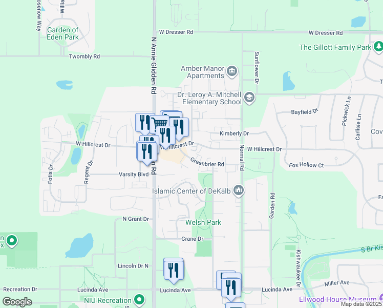 map of restaurants, bars, coffee shops, grocery stores, and more near 926 Greenbrier Road in DeKalb