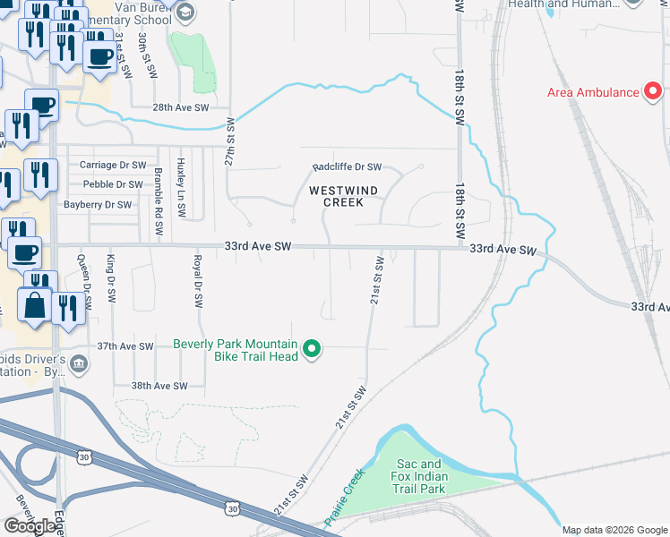map of restaurants, bars, coffee shops, grocery stores, and more near 2133 33rd Avenue Southwest in Cedar Rapids