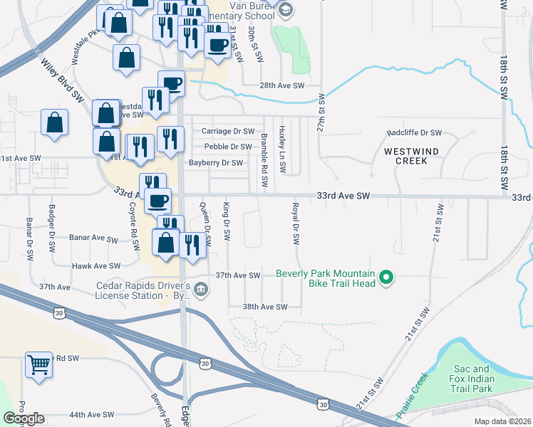 map of restaurants, bars, coffee shops, grocery stores, and more near 3406 Dunham Drive Southwest in Cedar Rapids