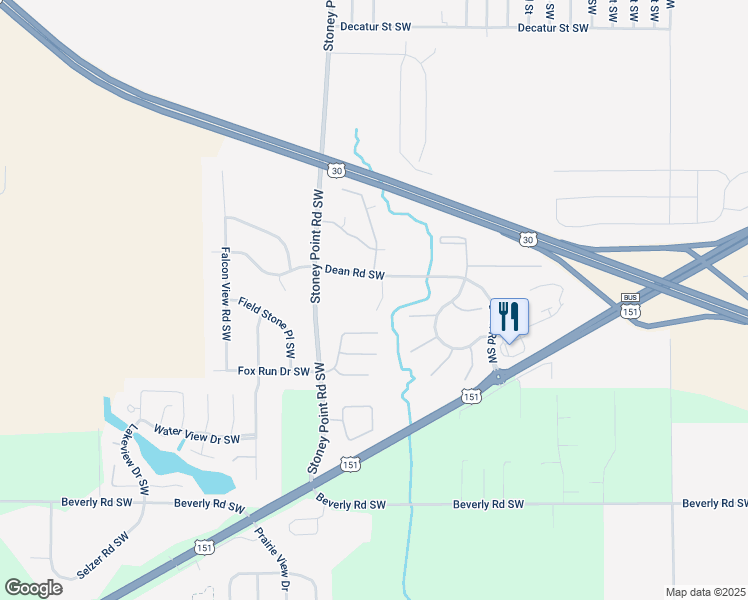 map of restaurants, bars, coffee shops, grocery stores, and more near 6301 Dean Road Southwest in Cedar Rapids