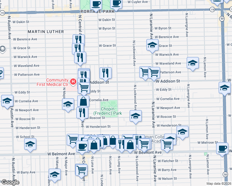 map of restaurants, bars, coffee shops, grocery stores, and more near 3510 North Long Avenue in Chicago