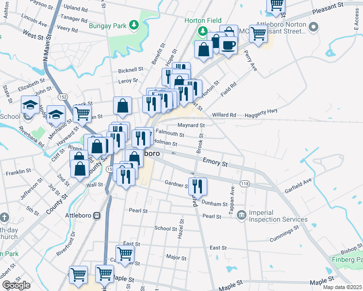 map of restaurants, bars, coffee shops, grocery stores, and more near 31 Holman Street in Attleboro