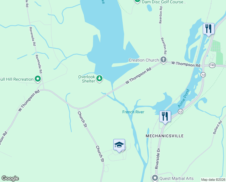 map of restaurants, bars, coffee shops, grocery stores, and more near West Thompson Road in Thompson