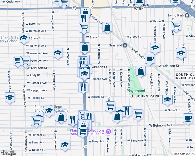 map of restaurants, bars, coffee shops, grocery stores, and more near 4720 West Cornelia Avenue in Chicago