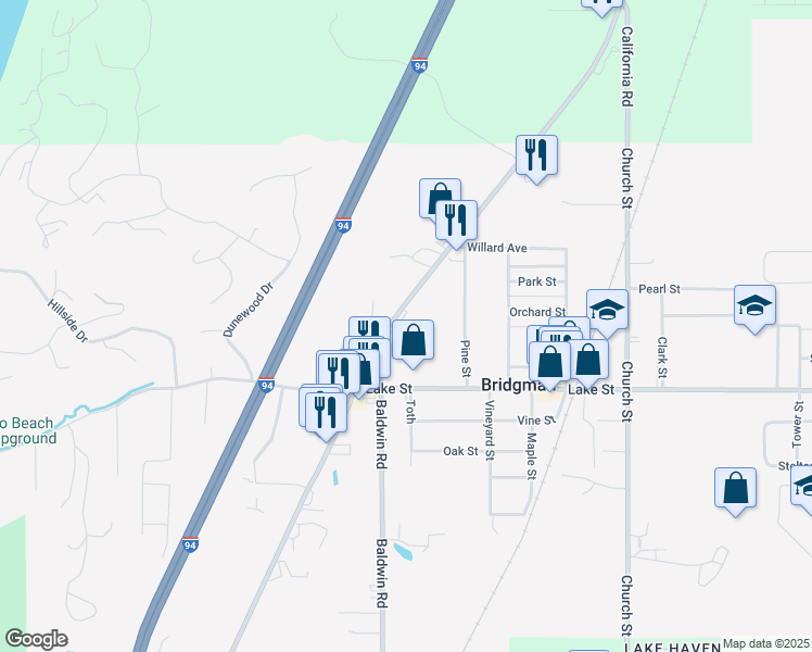 map of restaurants, bars, coffee shops, grocery stores, and more near 9587 Red Arrow Highway in Bridgman