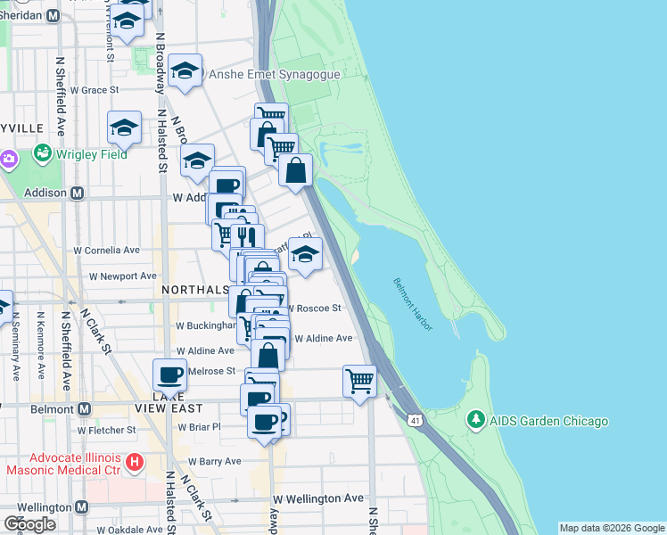 map of restaurants, bars, coffee shops, grocery stores, and more near N Lake Shore Dr & W Hawthorne Pl in Chicago