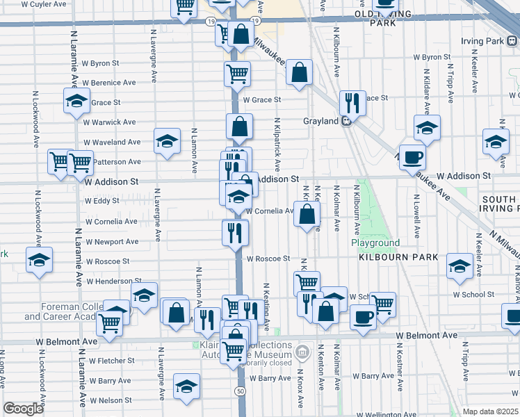 map of restaurants, bars, coffee shops, grocery stores, and more near 3500 North Keating Avenue in Chicago