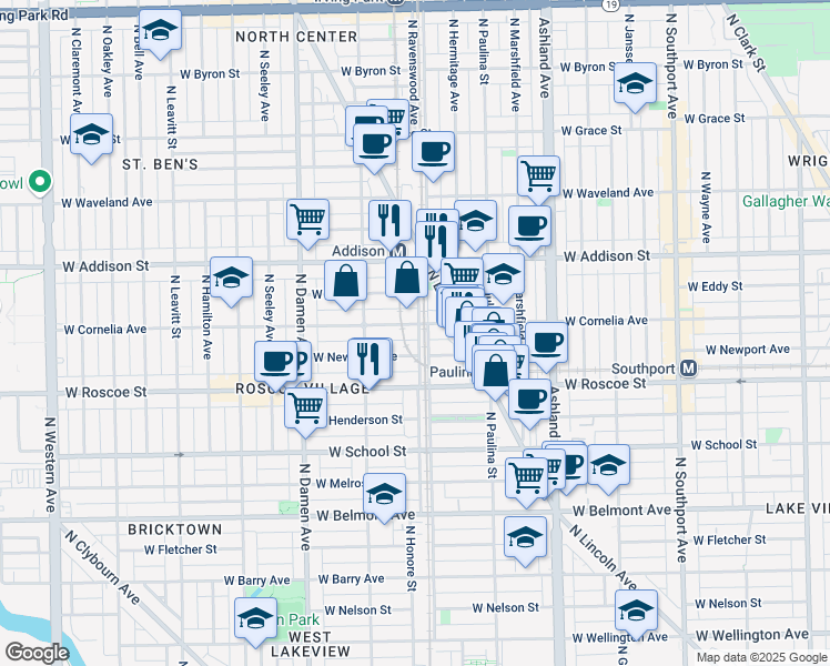 map of restaurants, bars, coffee shops, grocery stores, and more near 1801 West Cornelia Avenue in Chicago