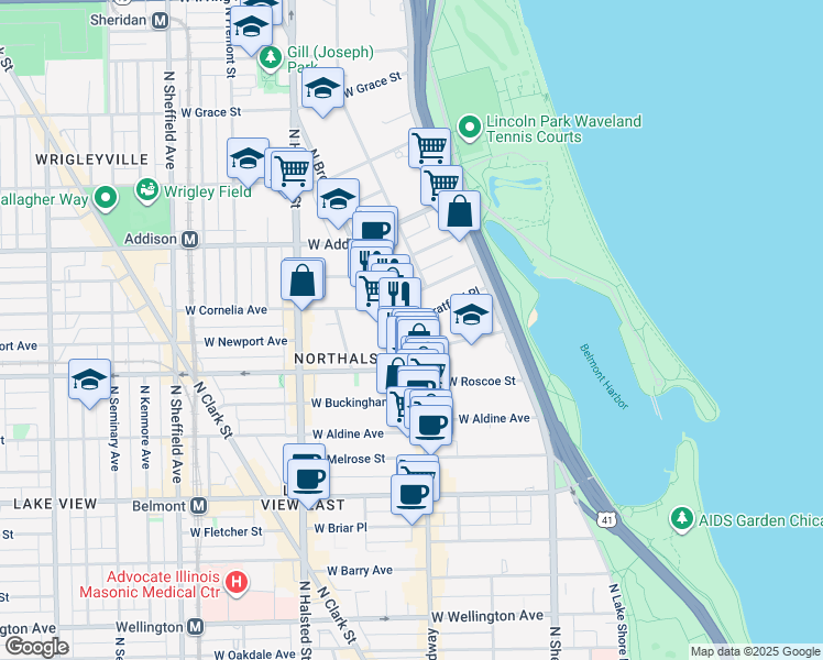 map of restaurants, bars, coffee shops, grocery stores, and more near 588 West Hawthorne Place in Chicago