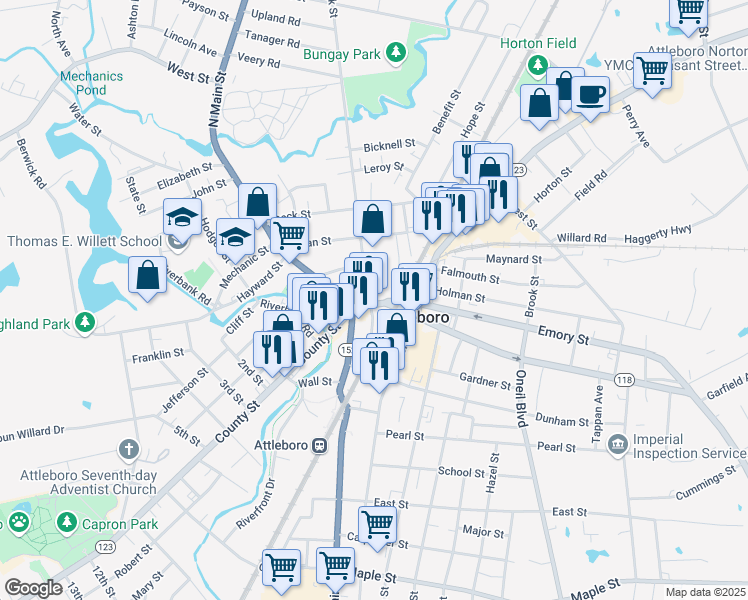 map of restaurants, bars, coffee shops, grocery stores, and more near 24 Park Street in Attleboro