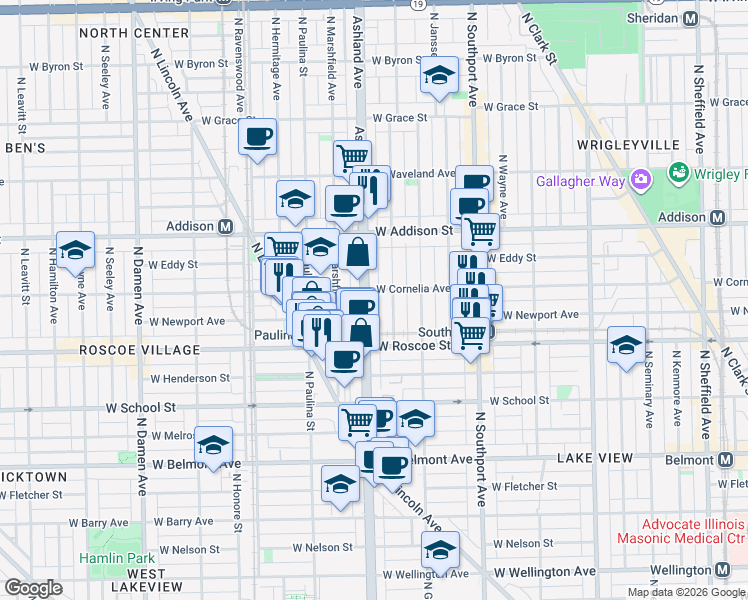 map of restaurants, bars, coffee shops, grocery stores, and more near 3438 North Ashland Avenue in Chicago