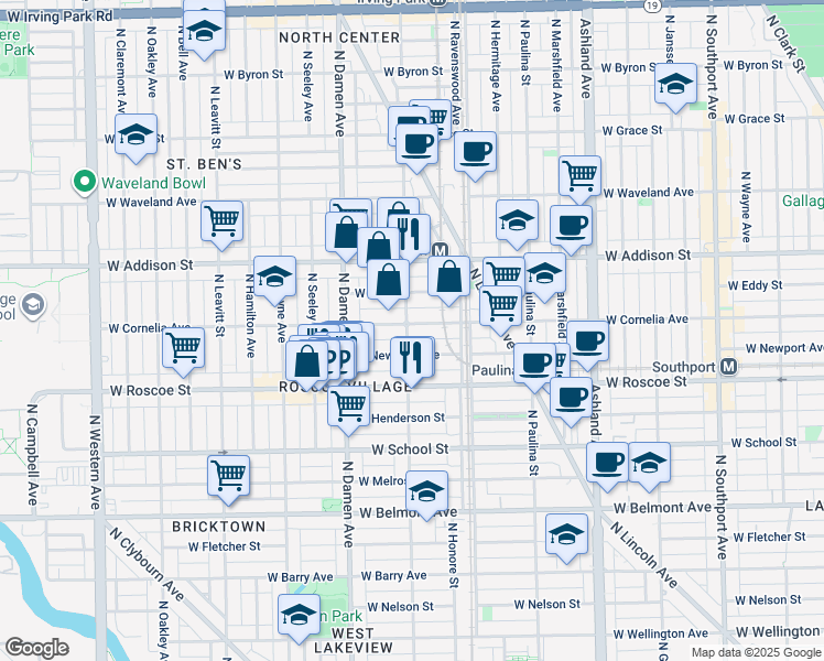 map of restaurants, bars, coffee shops, grocery stores, and more near 1908 West Newport Avenue in Chicago