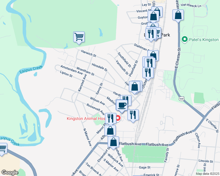 map of restaurants, bars, coffee shops, grocery stores, and more near 77 Harding Avenue in Kingston
