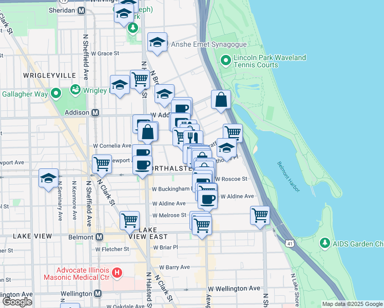 map of restaurants, bars, coffee shops, grocery stores, and more near 634 West Stratford Place in Chicago