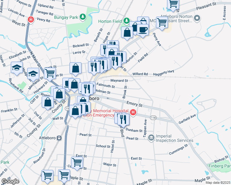 map of restaurants, bars, coffee shops, grocery stores, and more near 38 Holman Street in Attleboro