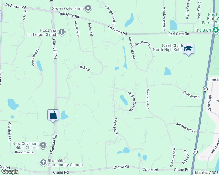 map of restaurants, bars, coffee shops, grocery stores, and more near 5N228 Dover Hill Road in St. Charles