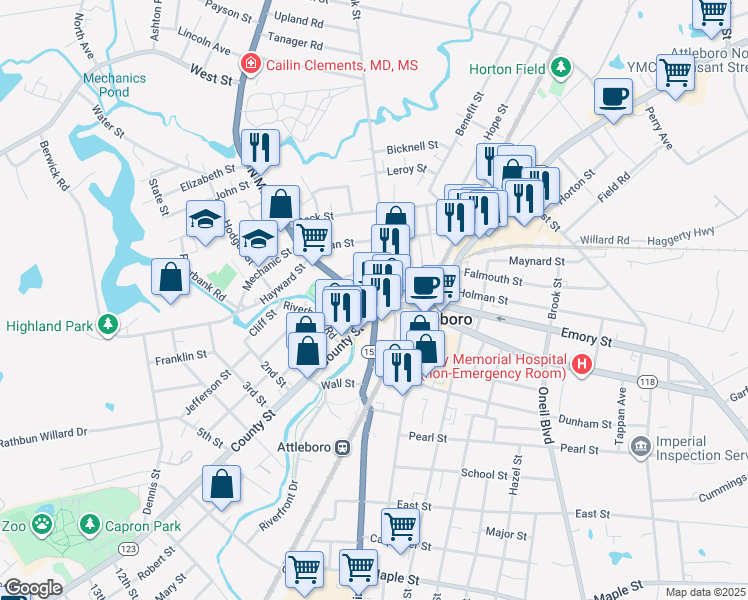 map of restaurants, bars, coffee shops, grocery stores, and more near 8 North Main Street in Attleboro