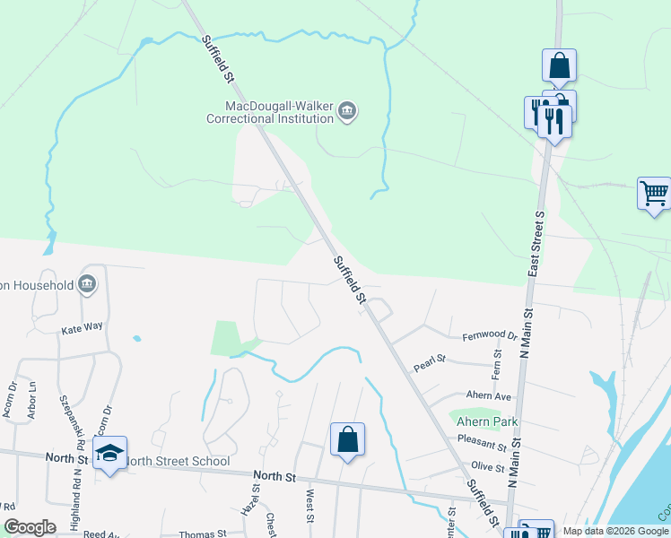 map of restaurants, bars, coffee shops, grocery stores, and more near 109 Suffield Street in Windsor Locks