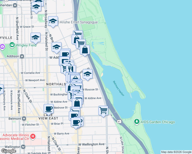 map of restaurants, bars, coffee shops, grocery stores, and more near 523 West Hawthorne Place in Chicago