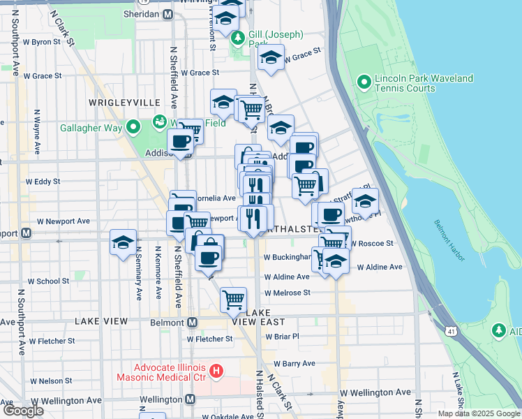 map of restaurants, bars, coffee shops, grocery stores, and more near 801 West Newport Avenue in Chicago