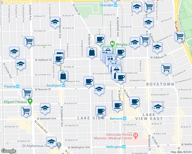 map of restaurants, bars, coffee shops, grocery stores, and more near 1150 West Newport Avenue in Chicago