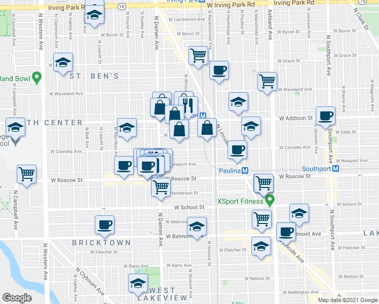 map of restaurants, bars, coffee shops, grocery stores, and more near 1908 West Newport Avenue in Chicago