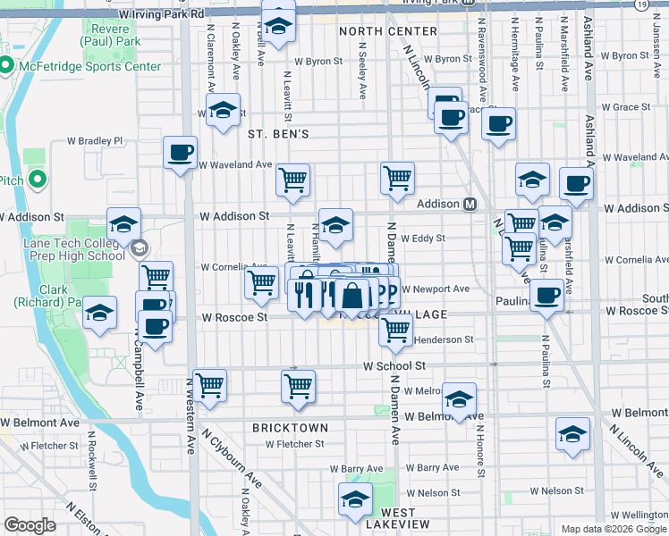map of restaurants, bars, coffee shops, grocery stores, and more near 3442 North Hoyne Avenue in Chicago