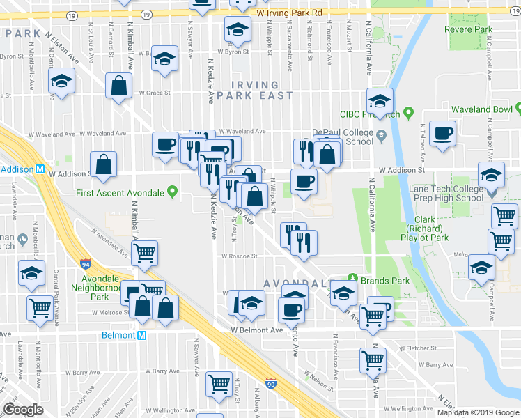 map of restaurants, bars, coffee shops, grocery stores, and more near 3459 North Albany Avenue in Chicago