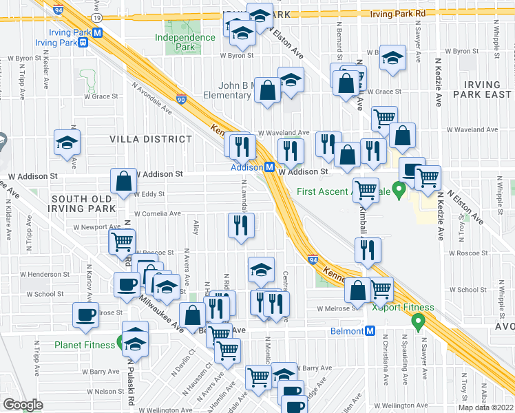 map of restaurants, bars, coffee shops, grocery stores, and more near 3455 North Monticello Avenue in Chicago