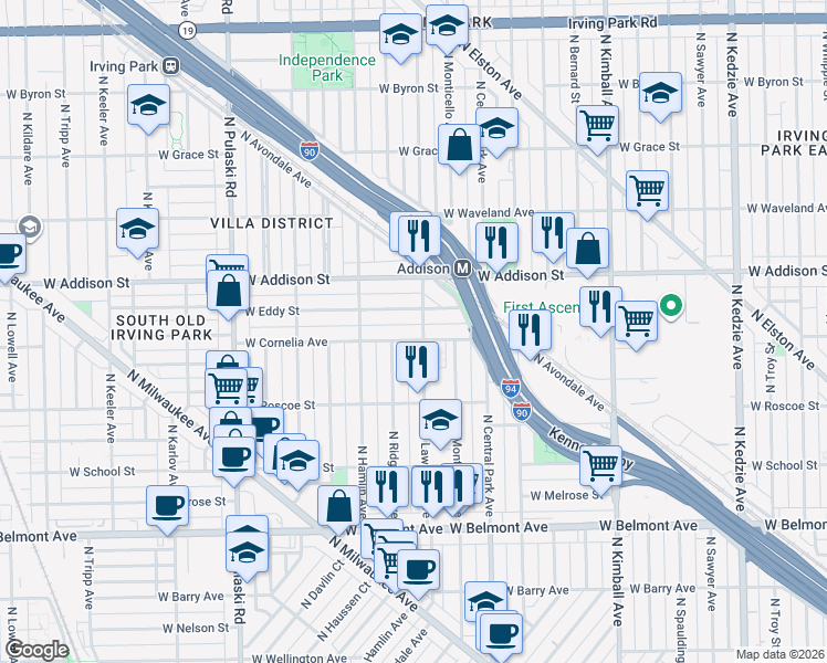 map of restaurants, bars, coffee shops, grocery stores, and more near 3457 North Lawndale Avenue in Chicago