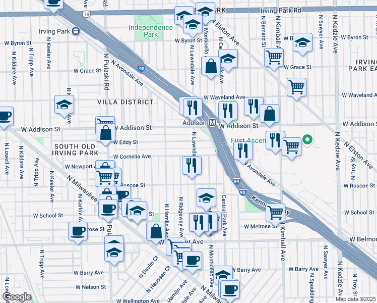map of restaurants, bars, coffee shops, grocery stores, and more near 3457 North Lawndale Avenue in Chicago