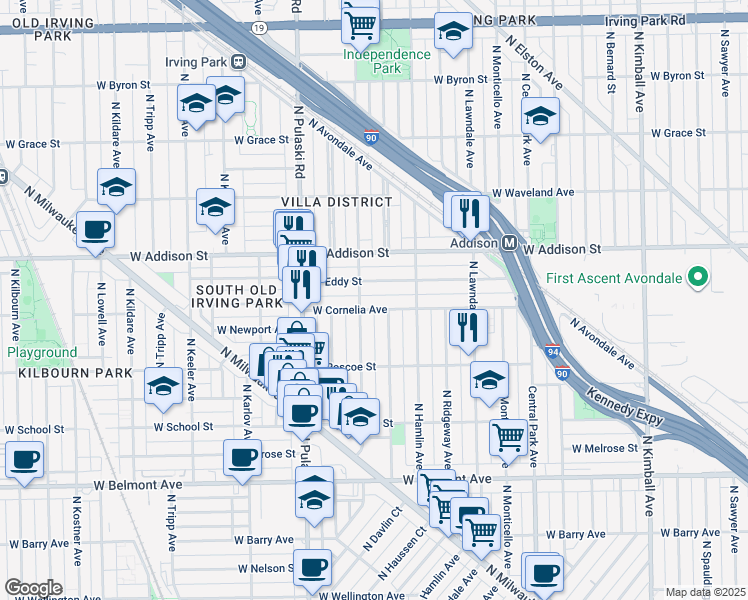map of restaurants, bars, coffee shops, grocery stores, and more near 3457 North Springfield Avenue in Chicago