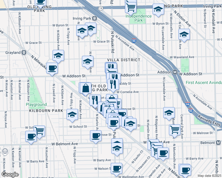 map of restaurants, bars, coffee shops, grocery stores, and more near 3460 North Pulaski Road in Chicago