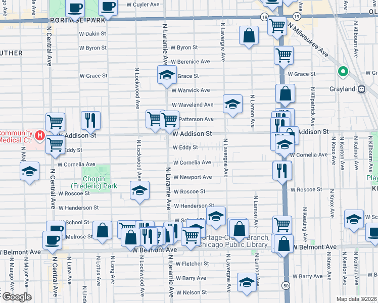map of restaurants, bars, coffee shops, grocery stores, and more near 5062 West Cornelia Avenue in Chicago
