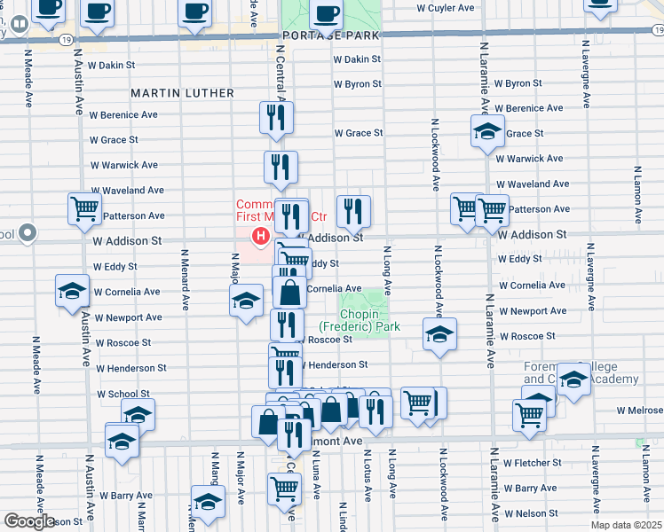 map of restaurants, bars, coffee shops, grocery stores, and more near 5516 West Cornelia Avenue in Chicago