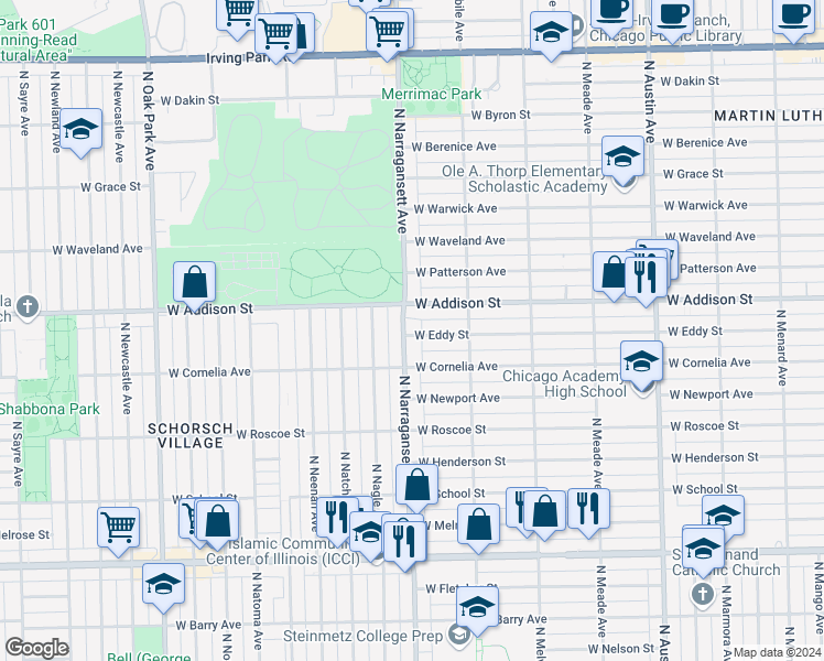 map of restaurants, bars, coffee shops, grocery stores, and more near 3523 North Narragansett Avenue in Chicago