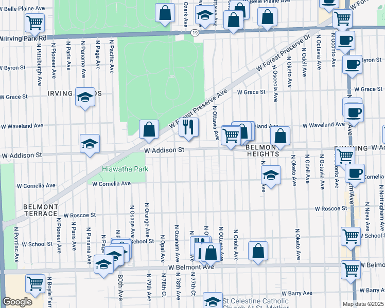 map of restaurants, bars, coffee shops, grocery stores, and more near 3544 North Ozark Avenue in Chicago