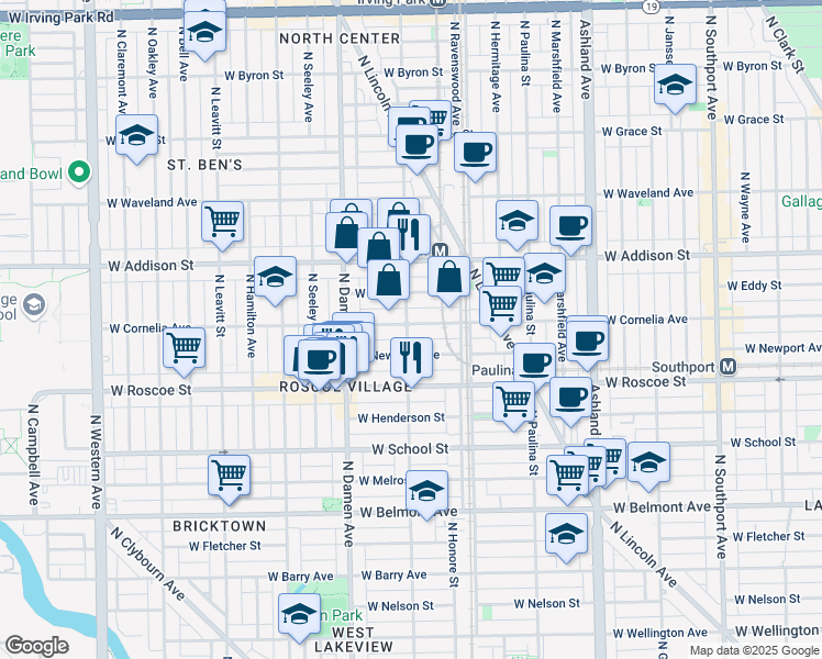 map of restaurants, bars, coffee shops, grocery stores, and more near 3453 North Wolcott Avenue in Chicago